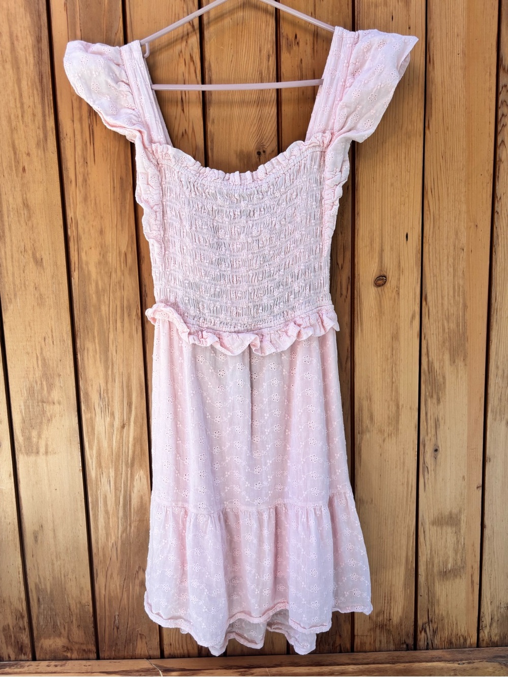 Pink Eyelet Smocked Sundress with Ruffle Straps - M